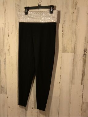 PINK Victoria's Secret Black Leggings with White Sequin Fold-Over Waistband